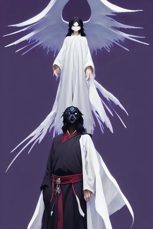 Image similar to raven headed warlock doing magic spells wind, white robes, finely detailed perfect face, exquisite details, mid view, design on a white background, by studio muti, greg rutkowski makoto shinkai takashi takeuchi studio ghibli