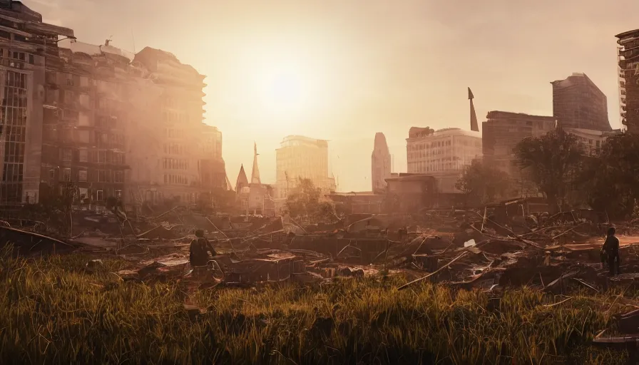 Prompt: men with rifles looking at the sun while sitting in the grass, washington dc square, destroyed city, collapsed buildings, vegetation, debris, fallen apartments, volumetric light, hyperdetailed, artstation, cgsociety, 8 k