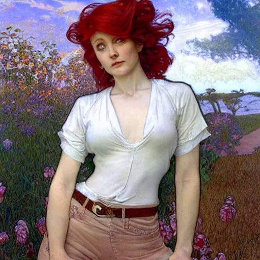 Prompt: A woman with red hair and long pixie haircut in shorts and white shirt drawn by Donato Giancola and Jon Foster, Frank frazetta, Alphonse Mucha, background by James Jean and Gustav Klimt, volumetric lighting, French Nouveau