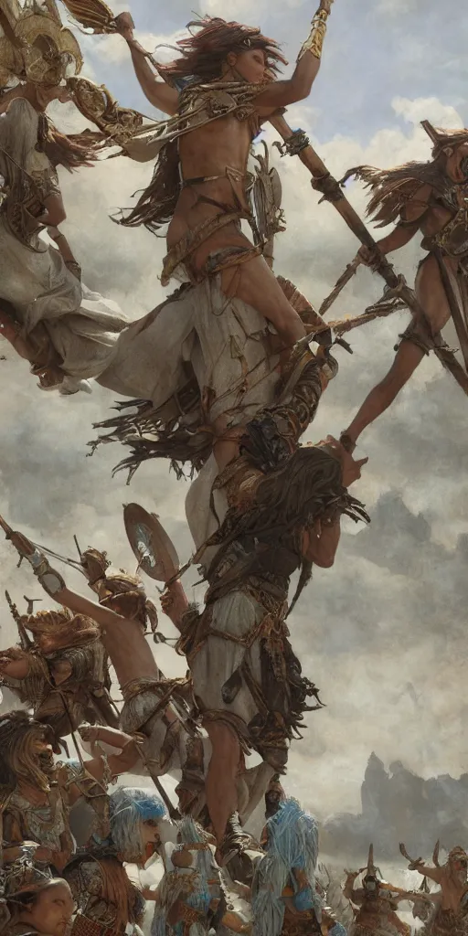 Image similar to ancient tribal war, masterpiece by Edgar Maxence and Ross Tran and Michael Whelan, 8k, octane render