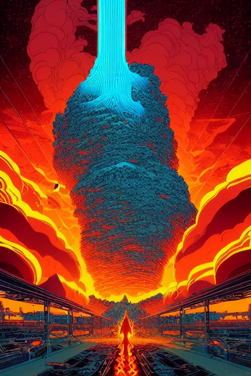 Image similar to artwork by kilian eng and ( dan mumford ) and toshi yoshida and franklin booth showing a futuristic powerstation!! in front of a ( ( exploding volcano ) ), vintage scifi, high details, dramatic lightning,, 8 k