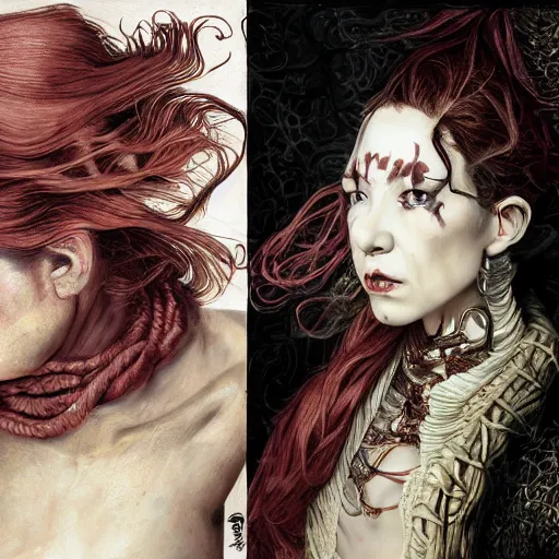 Image similar to portrait of a Shibari rope wrapped face and neck, headshot, insanely nice professional hair style, dramatic hair color, digital painting, of a old 15th century, old cyborg merchant, amber jewels, baroque, ornate clothing, scifi, realistic, hyperdetailed, chiaroscuro, concept art, art by Franz Hals and Jon Foster and Ayami Kojima and Amano and Karol Bak,