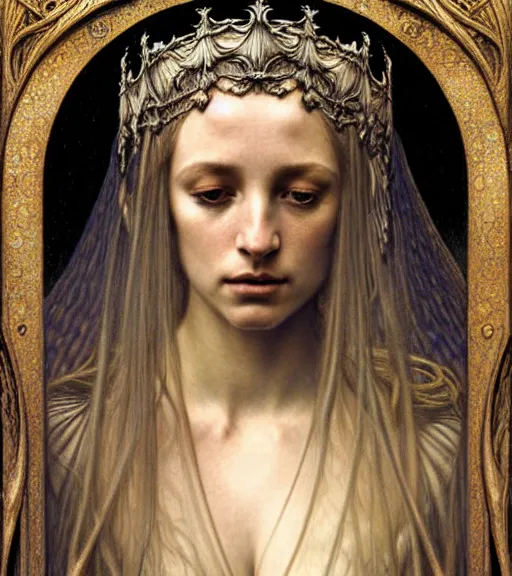 Image similar to detailed realistic beautiful young medieval queen of the andromeda galaxy face portrait by jean delville, gustave dore and marco mazzoni, art nouveau, symbolist, visionary, gothic, pre - raphaelite. horizontal symmetry by zdzisław beksinski, iris van herpen, raymond swanland and alphonse mucha. highly detailed, hyper - real, beautiful