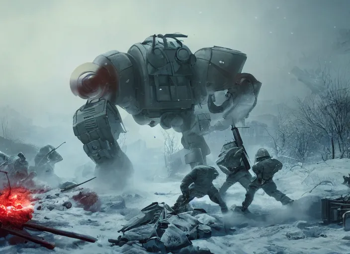 Prompt: still of soviet soldiers fighting against giant nazi monstrous robot in world war two eastern front setting, dieselpunk, winter concept art, artstation, stephen bliss, unreal engine, game screenshot