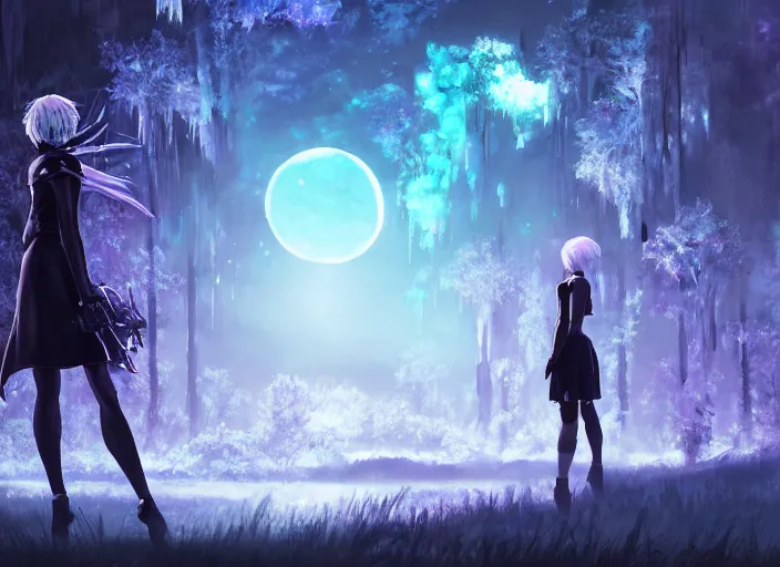 Image similar to scenery artwork, scene luminous, bioluminescent acrylic and cold nier automata pixiv scenery artwork : nature dream wire vegetation magic density infinite, macro seminal dream points of icy, frozen vaporwave shards tempted to turn into a dream scenery, high quality topical render, nier automata, concept art