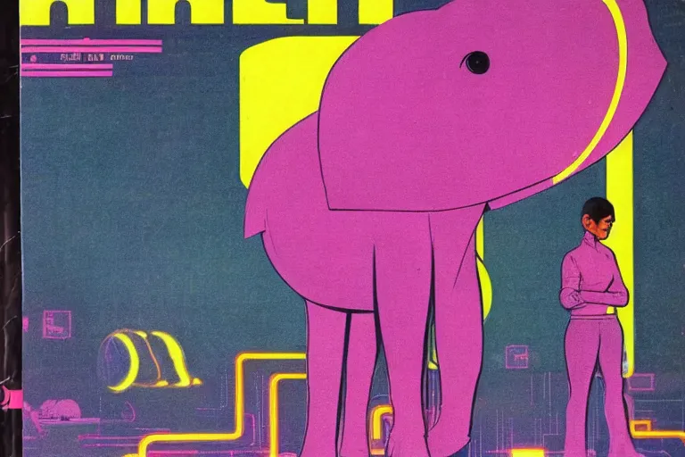 Image similar to 1979 OMNI Magazine Cover of a pink elephant. in cyberpunk style by Vincent Di Fate