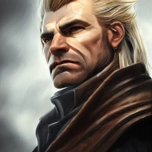 Image similar to portrait of a muscular, grim, ponytail haired blonde man in his late 30's, wearing a thick brown leather coat, looking to his side, hunter, DnD character, fantasy character, dramatic lighting, high detail, black and white digital art by Ruan Jia, Krenz Cushart, Rossdraws and Boris Vallejo