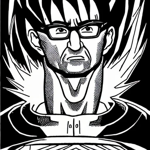 Prompt: John oliver in his super Saiyan god form, illustration in pen and ink, highly detailed, highly complex, award winning, black and white, art by Akira Toriyama