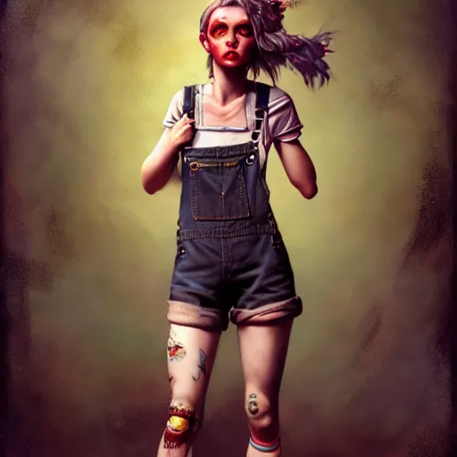 Image similar to full body pose, grungy alice, torn overalls, short shorts, combat boots, fishnets, beautiful, highly detailed face, true anatomy!, extremely detailed!, digital painting, unreal engine 5, art by tom bagshaw