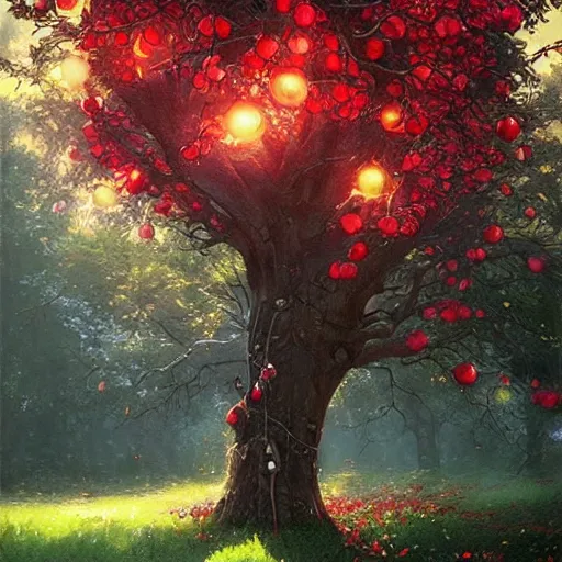 Prompt: a tree with many $black colored apples$ (((leaves))) !!!!!!!black poison apples, painted by rossdraws, greg rutkowski, thomas kindkade
