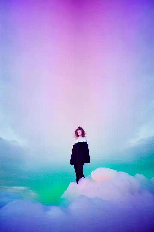 Image similar to high quality pastel coloured film close up wide angle photograph of a model wearing clothing resting on cloud furniture in a icelandic black rock!! environment in a partially haze filled dreamstate world. three point light, rainbow. photographic production. art directed. pastel colours. volumetric clouds. pastel gradient overlay. waves glitch artefacts. extreme facial clarity. 8 k. filmic.