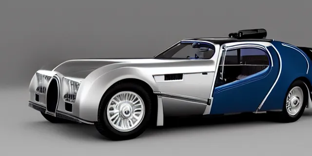 Image similar to a single bugatti type 5 7 sc atlantic and delorean hybrid, dslr, cinematic, photorealistic, hyperdetailed