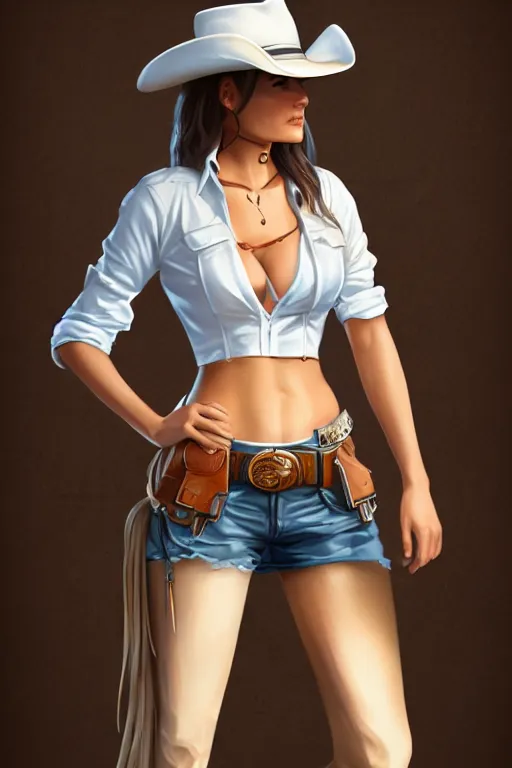 Image similar to full body, female cowgirl, perfect face, white blouse, holster, 8 k, magic the gathering, desert, d & d, artstation, high detail, smooth, sweaty character concepts by senior concept artist