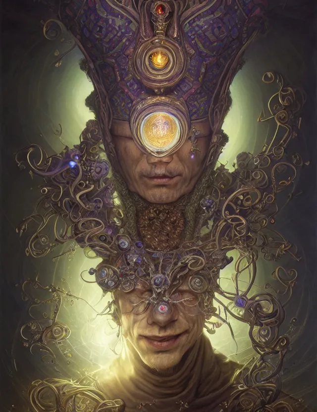 Image similar to front shot of a court jester character, hyperdimensional, bioluminescent hypercubes, ((intricate)), elegant, highly detailed, centered, (((artstation, concept art, smooth, sharp focus, artgerm, Tomasz Alen Kopera, Peter Mohrbacher, donato giancola, Joseph Christian Leyendecker, WLOP, Boris Vallejo))), mugshot!!!!!, ugly!!!!!!, octane render, nvidia raytracing demo, grainy, muted, 8K, digitalblasphemy