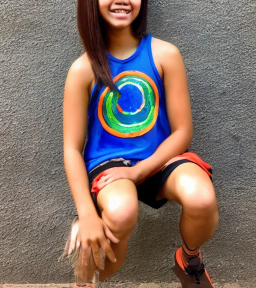 Prompt: a professional portrait of a 1 7 year old hispanic filipina girl with a sporty flair, mahogany eyes, dyed rainbow hair in a pixie cut, a blue tank top, a confident smile, small stature, athletic, warm brown eyes