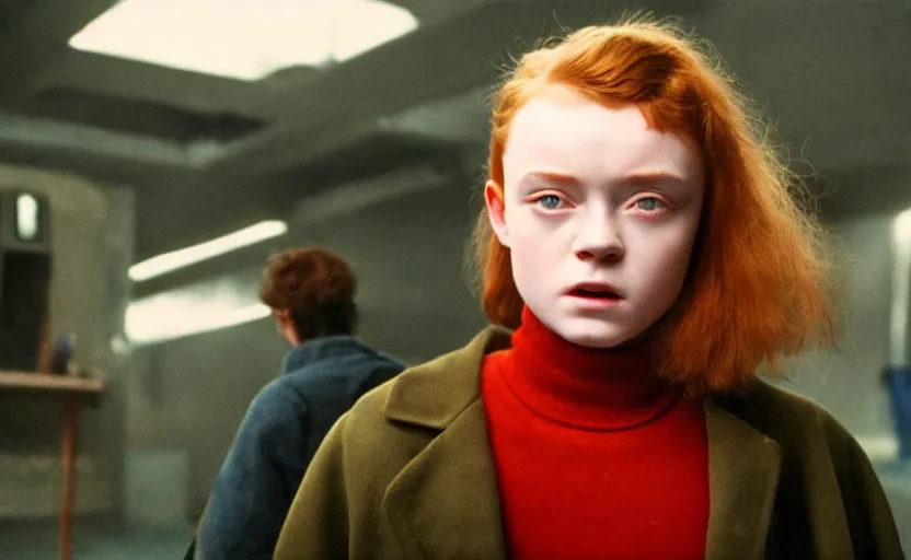 Image similar to sadie sink with spiky short hair in oversized man's coat : a still from a scifi soviet cyberpunk film from 1 9 8 0 s. by steven spielberg and james cameron. 6 5 mm low grain film stock. sharp focus, realistic facial expression, perfect anatomy, global illumination, radiant light, detailed and intricate environment, trending on artstation
