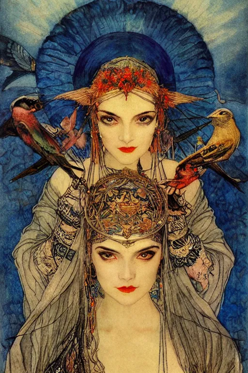 Image similar to queen of the dawn with her lantern and birds, by Luis Royo Annie Swynnerton and Nicholas Roerich Edmund Dulac, tattooed face, elaborate headdress and embroidered velvet, iridescent beetles, rich color, dramatic cinematic lighting, extremely detailed