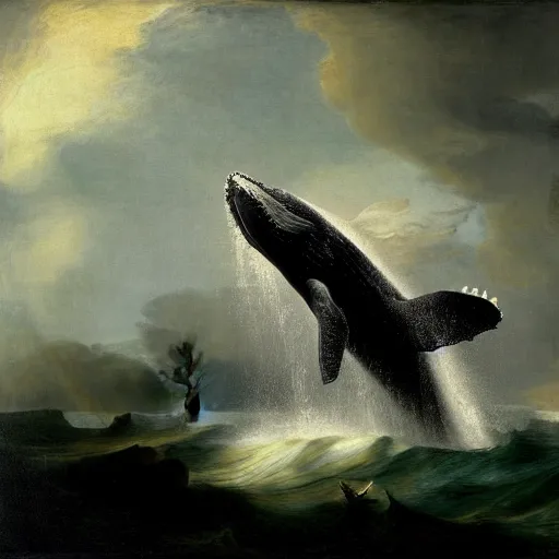 Prompt: humpback whale flying through the clouds at dawn, painting by rembrandt