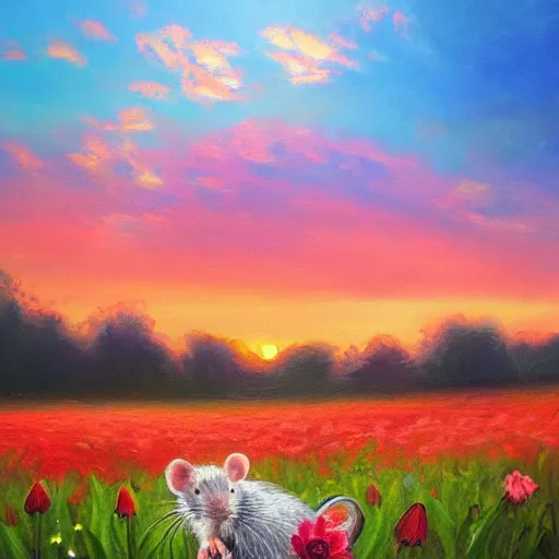 Image similar to an oil painting of a rat in a flower field, colorful, artstation, miyazaki, sunrise, very high detail
