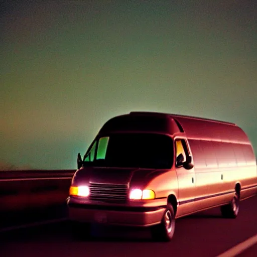 Image similar to A photograph of a 1999 Maroon Chevrolet Express driving on highway 411 in Perth, Ontario at night at 22:20, photograph taken in 2009 on a nokia flip phone