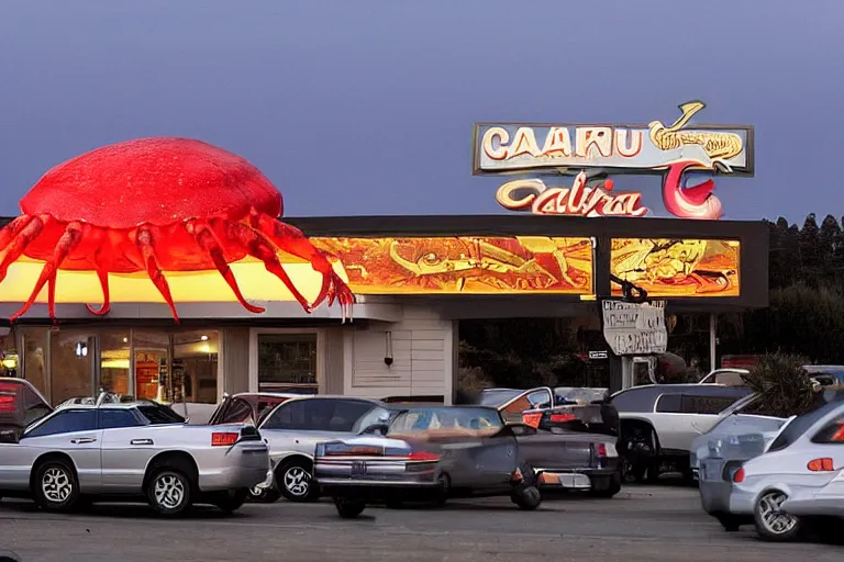 Prompt: giant crab attacking a california drive in, in 2 0 1 2, bathed in the the glow of the sunset, low - light photograph, in style of ansel adams