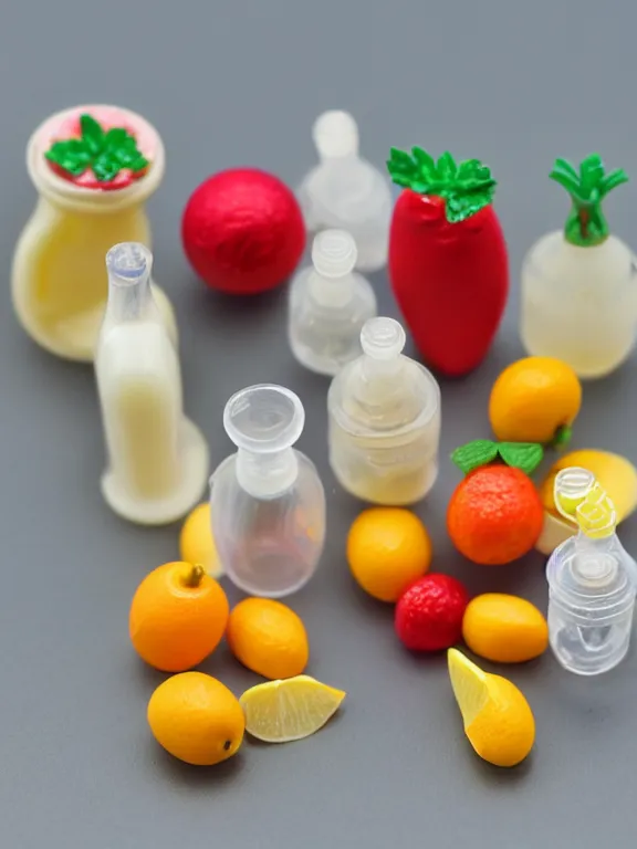 Image similar to 3 5 mm detailed miniature diorama of plastic yogurt bottle filled with fruits