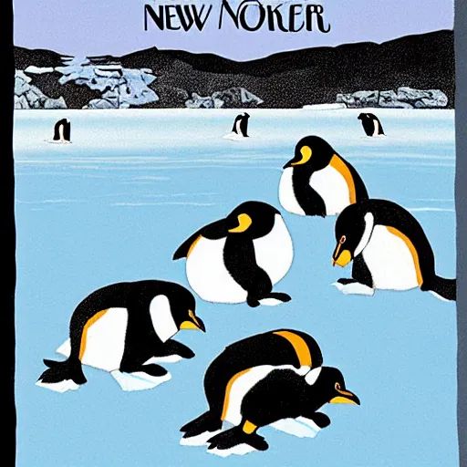 Image similar to s. gross new yorker cartoon of penguins on an iceberg