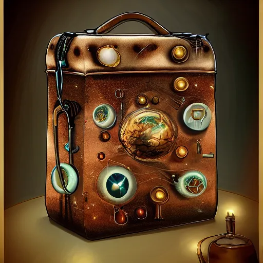 Prompt: An universe inside ampoules and alambics in a surreal ancient doctor's bag, trending on artstation