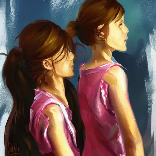 Image similar to a messy painting of Twin sisters. Trending on ArtStation