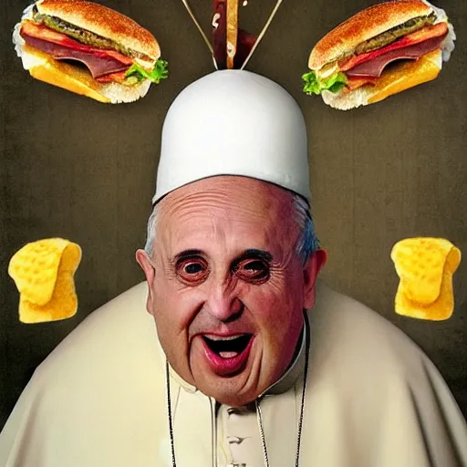 Image similar to a amazing new surrealist hybrid of the pope mixed with an anthropomorphic cheeseburger made of the popes face by kandinskali and catrin welz - stein, melting cheese, steamed buns, grilled artichoke, sliced banana, salami, milk duds, licorice allsort filling