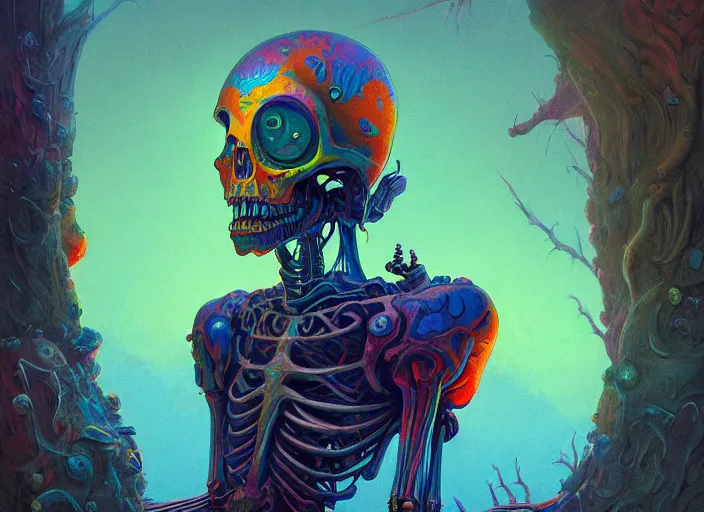 Prompt: A psychedelic portrait of omin dran biomechanical skeletal , vibrant color scheme, highly detailed, in the style of romanticism, cinematic, artstation, Moebius, Greg rutkowski