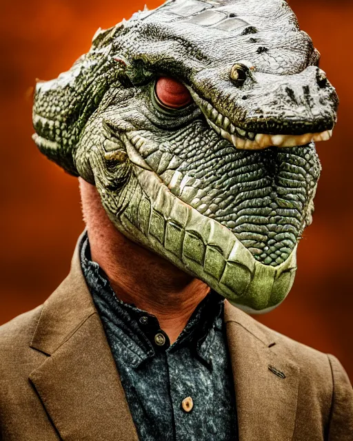 Prompt: Man with a head of a crocodile, XF IQ4, 150MP, 50mm, f/1.4, ISO 200, 1/160s, natural light, Adobe Photoshop, Adobe Lightroom, DxO Photolab, polarizing filter, Sense of Depth, AI enhanced, HDR