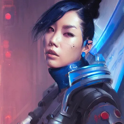 Prompt: Very detailed masterpiece painting of a young female asian cyberpunk warrior with dark blue hair, portrait, artstation, concept art by Greg Rutkowski