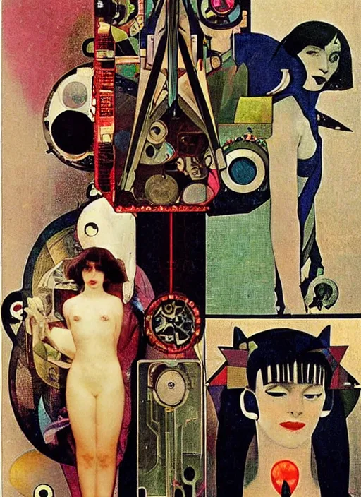 Image similar to cute punk goth fashion fractal alien martian girl with a television head wearing kimono made of circuits and leds, surreal Dada collage by Man Ray Kurt Schwitters Hannah Höch Alphonse Mucha