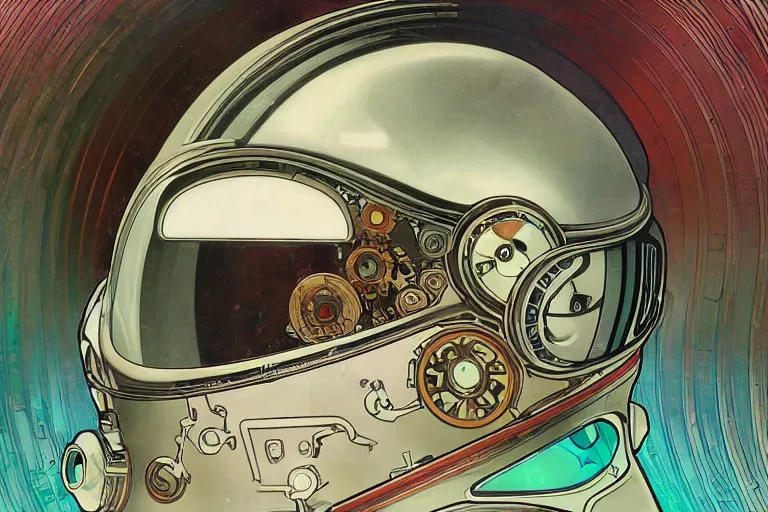 Image similar to portrait of a biomechanical head inside a futuristic space helmet, vintage, neon, white metal, iridescent visor, smooth, sharp focus, high detail, deviantart, art by Alphonse Mucha,