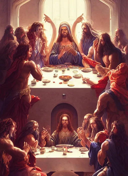 Image similar to the last supper beautiful painting by mark brooks and greg rutkowski and evelyn de morgan, highly detailed, illustration, epic, fantasy, intricate, hyper detailed, artstation, concept art, smooth, sharp focus, ray tracing