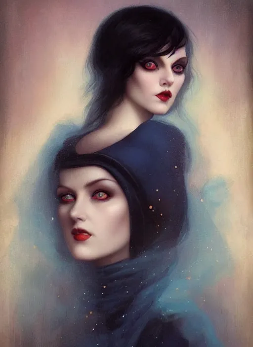 Image similar to a sinister portrait of an woman with beautiful blue eyes and dark hair, art by manuel sanjulian and tom bagshaw