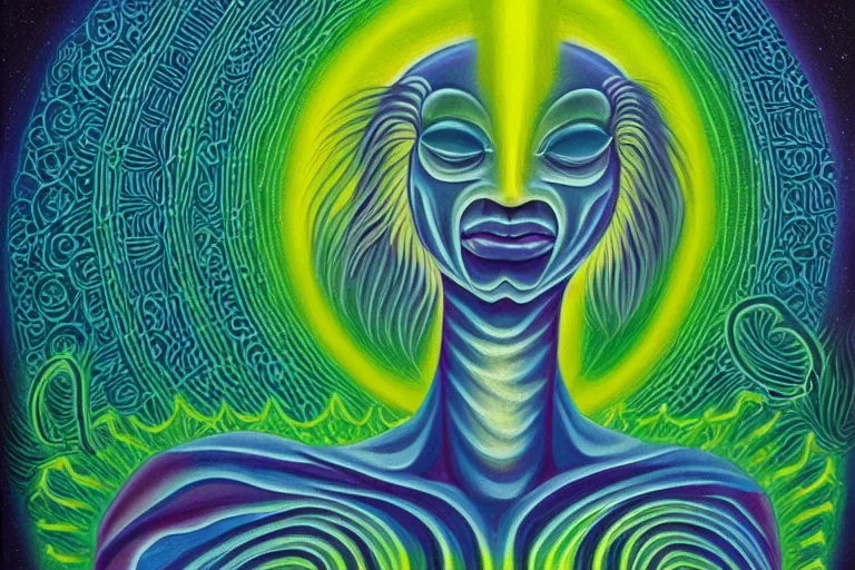 Image similar to painting of a tranquil alien made of light and glows meditating in dense forest by alex grey, acrylic art, ethereal, soothing, somber, elegant, warm light, cozy