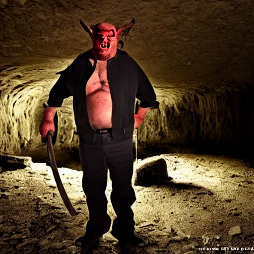 Image similar to big butcher man posing scarily, scary angry pose, cleaver, earie setting, in a dark cave, horror, hyperdetailed