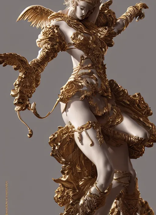 Image similar to high intricate porcelain baroque angelic warrior standing on the edge of a cliff, maria panfilova, andrea savchenko, mike kime, ludovic plouffe, qi sheng luo, oliver cook, trending on artstation