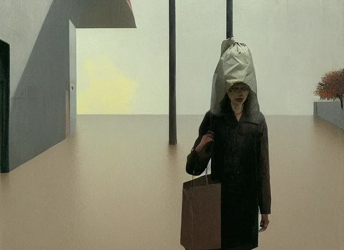 Prompt: woman in vr headset dressed in plastic bags in paper bag over the head on flooded street Edward Hopper and James Gilleard, Zdzislaw Beksinski, highly detailed