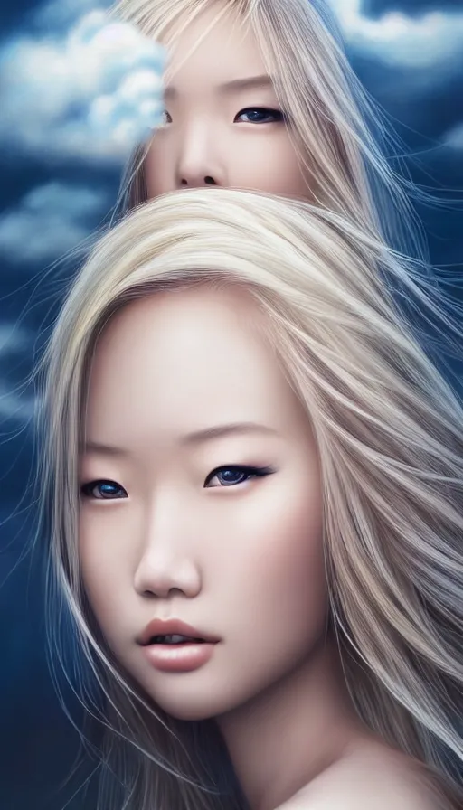 Image similar to photo of a gorgeous blonde young asian girl , searching for eternity, head in the clouds in the style of stefan kostic, realistic, sharp focus, 8k high definition, high fashion, vogue, insanely detailed, intricate, elegant, art by stanley lau and artgerm, sigma 85mm art