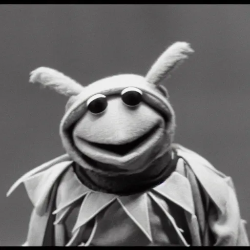 Prompt: Kermit the frog from Sesame Street as a Ronin in a Kurosawa film, Still Frame, Black and White