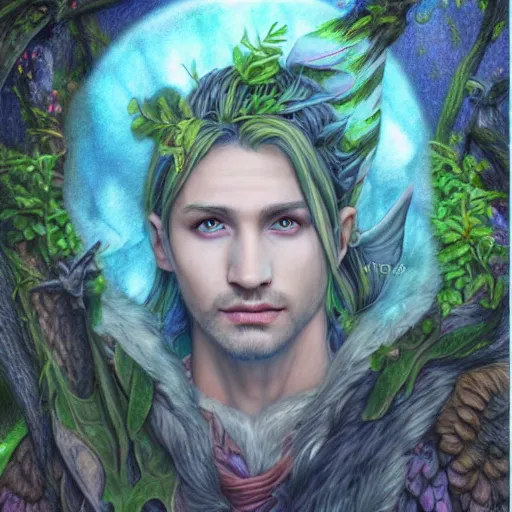 Image similar to hyper realistic color pencil drawing of a male fairy druid, D&D Art, detailed, rim light, diffused, intricate, axe, by anna dittmann