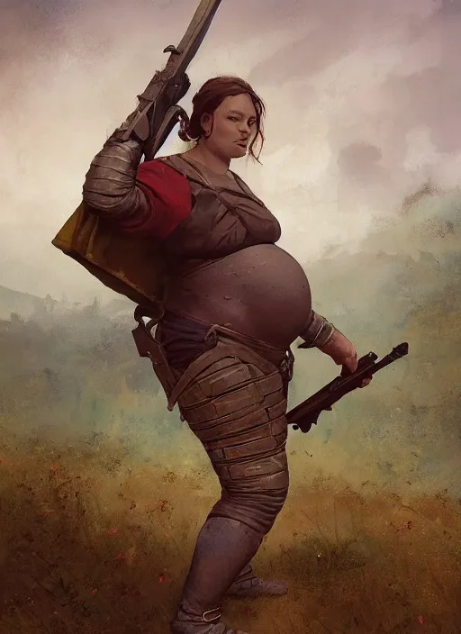 Image similar to hyper realistic photo of medieval chubby beautiful soldier girl, full body, rule of thirds, conceptart, saturated colors, cinematic, greg rutkowski, brom, james gurney, mignola, craig mullins,