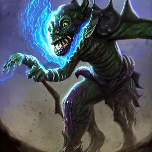 Image similar to a highly detailed goblin with grey skin and blue eyes that glow, like magic the gathering, goblin chainwalker, caught in a tornado, digital art, by christopher rush