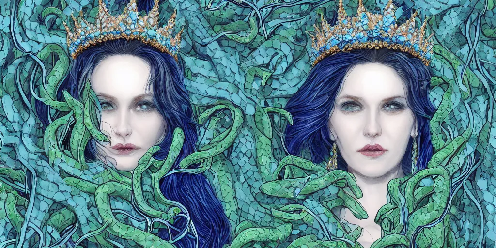 Image similar to portrait of the queen of snakes, pale blue, emerald, sapphire, wearing a crown of vines, moonlit, dark fantasy, artstation