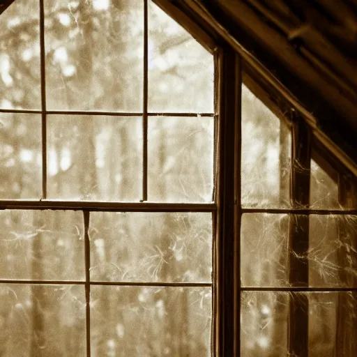 Prompt: a film production still, 2 8 mm, wide shot of a cabin interior, wooden furniture, cobwebs, spiderwebs, window light illuminates dust in the air, abandoned, depth of field, cinematic