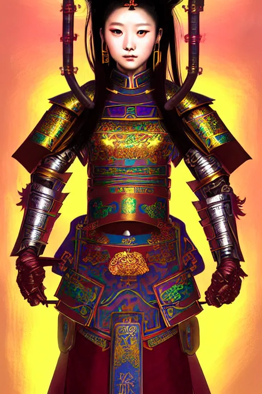 Image similar to beautiful and divine and holy and elite and colorlpunk three kingdom chinese female armor knight portrait like twice tzuyu+shinnyy eyes, ssci-fi, fantasy, neon light at chinese temple rooftop, art and illustration by tian zi and craig mullins and WLOP and alphonse mucha, fantasy, intricate complexity, human structure, human anatomy, fantasy character concept, watermark, blurry, hyperrealism 8k