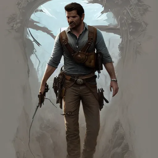 Image similar to Joe Biden face in the role of Nathan Drake, western, D&D, fantasy, intricate, elegant, highly detailed, digital painting, artstation, concept art, matte, sharp focus, illustration, art by Artgerm and Greg Rutkowski and Alphonse Mucha